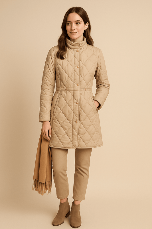 Ashford | Juno – Women’s Mid - Length Quilted Jacket with High Collar and Button Closure - Ashford London Clothing