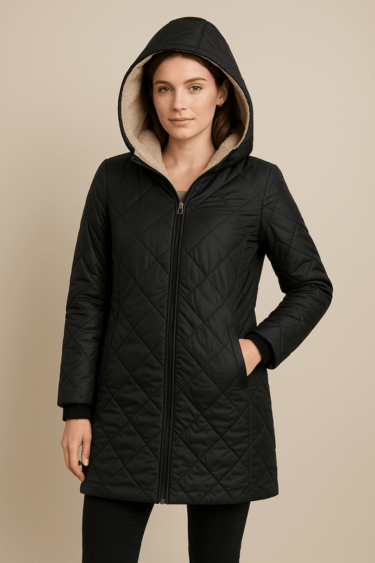 Ashford | Aila – Women’s Diamond Quilted Mid - Thigh Coat with Reversible Hood - Ashford London Clothing