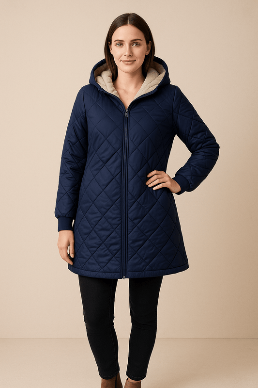Ashford | Aila – Women’s Diamond Quilted Mid - Thigh Coat with Reversible Hood - Ashford London Clothing