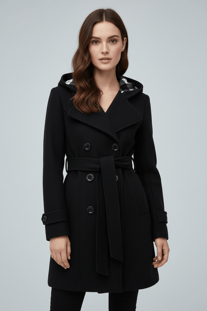 Ashford | Hermione – Women’s Wool Blend Double - Breasted Hooded Coat with Belted Waist - Ashford London Clothing