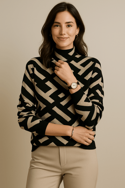 Ashford | Mae – Women’s Geometric Knitted Top with Long Sleeves – Black - Beige – Size S - Ashford London Clothing