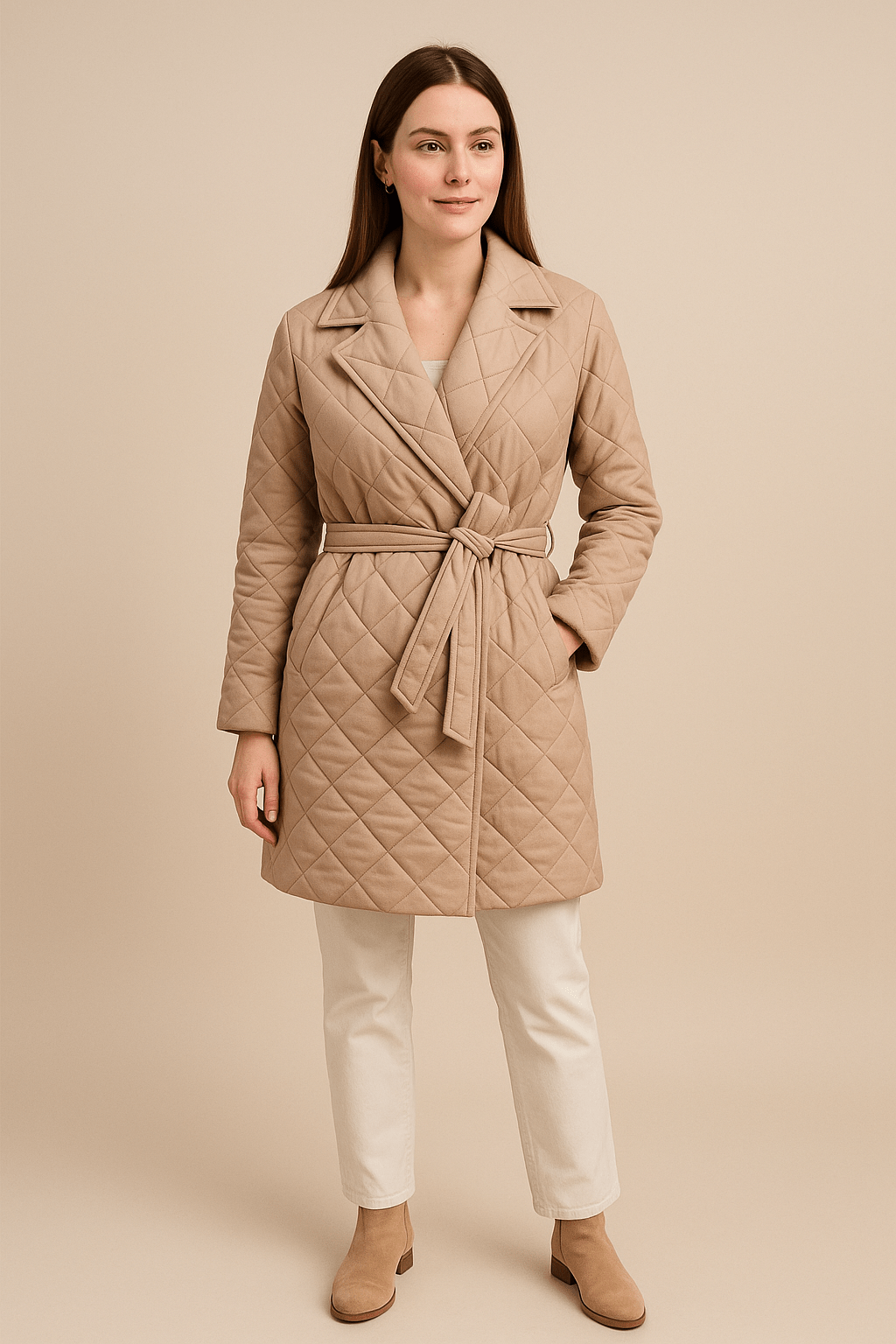 Ashford | Nova – Women’s Diamond Quilted Mid - Length Belted Coat with Notched Lapel - Ashford London Clothing