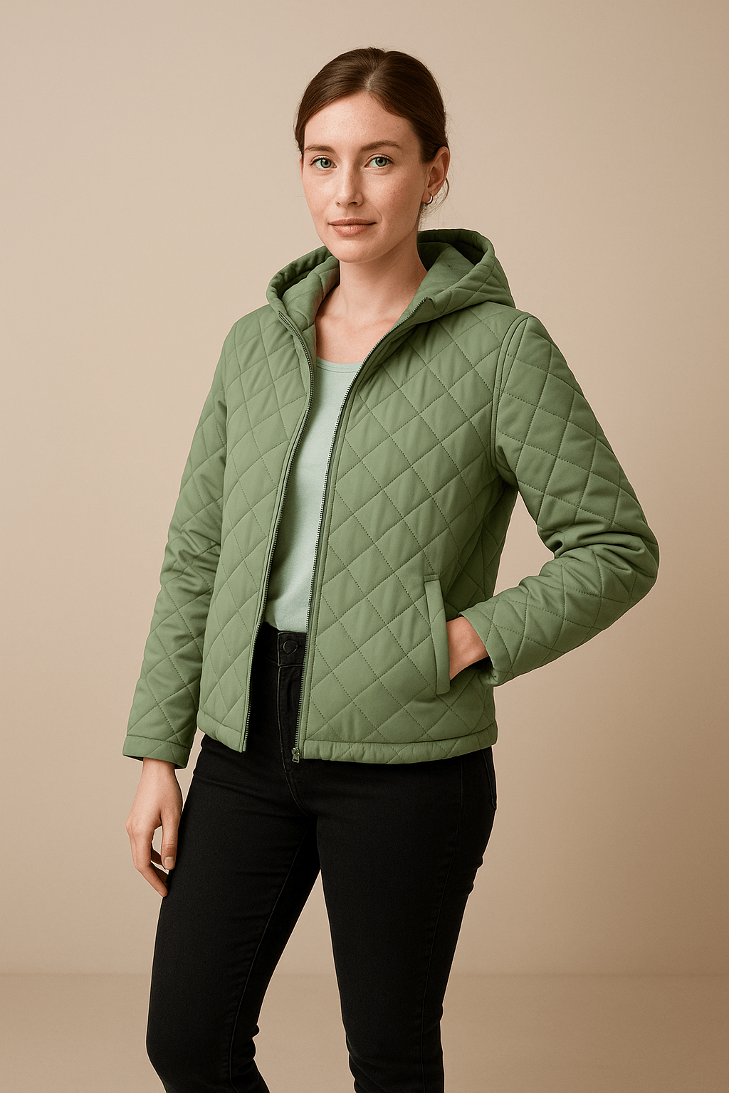 Ashford | Sage – Women’s Relaxed Fit Diamond Quilted Hooded Jacket with Zip Front - Ashford London Clothing
