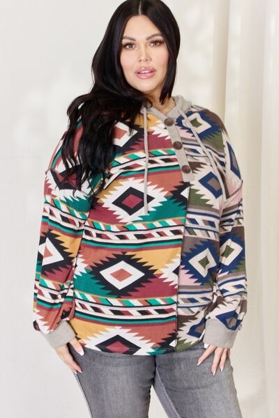 Celeste Full Size Geometric Exposed Seam Drawstring Hoodie