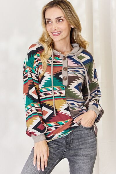 Celeste Full Size Geometric Exposed Seam Drawstring Hoodie